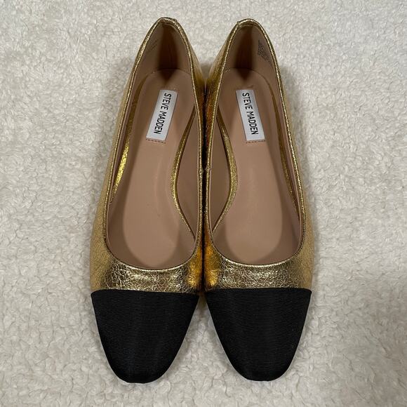 Steve Madden Blair Cap Toe Ballet Flat Gold Metallic Black Round Toe 9 - Picture 3 of 7